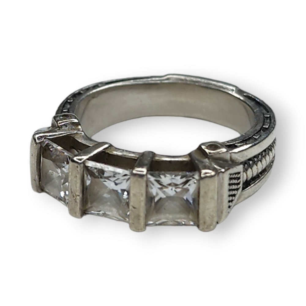 Vintage Ring Sterling‎ Silver 925 Clear Cubic Zirconia Three Stone Cocktail SZ 6